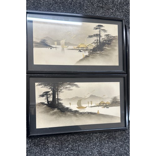 120 - Three framed oriental painted scenes measures approx 12 inches wide by 7 inches long