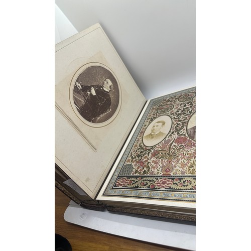 114 - Fine Antique Photograph album with Carte de Visite and cabinet cards many finely decorated pages