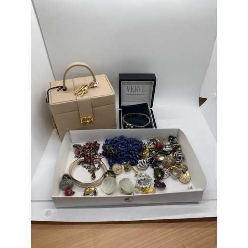 555 - Tray of costume jewellery includes Earrings, Verve bracelet, perfume bottle etc