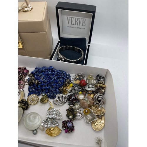 555 - Tray of costume jewellery includes Earrings, Verve bracelet, perfume bottle etc