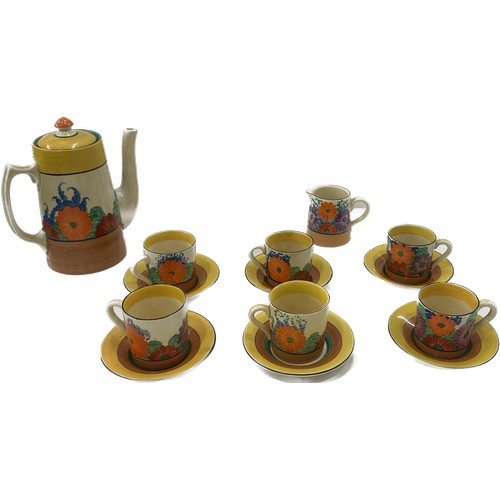 412 - Clarice Cliff Gay Day coffee set includes 6 Cups and saucers, Tea Pot, sugary bowl, Milk Jug is Roya... 