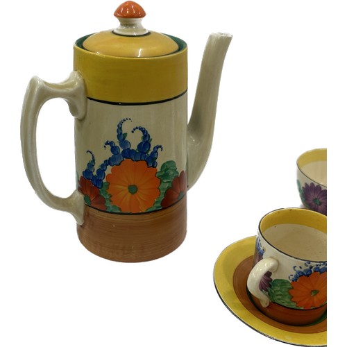 412 - Clarice Cliff Gay Day coffee set includes 6 Cups and saucers, Tea Pot, sugary bowl, Milk Jug is Roya... 