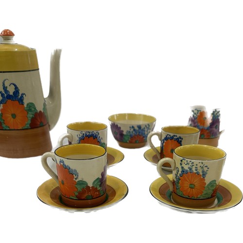 412 - Clarice Cliff Gay Day coffee set includes 6 Cups and saucers, Tea Pot, sugary bowl, Milk Jug is Roya... 