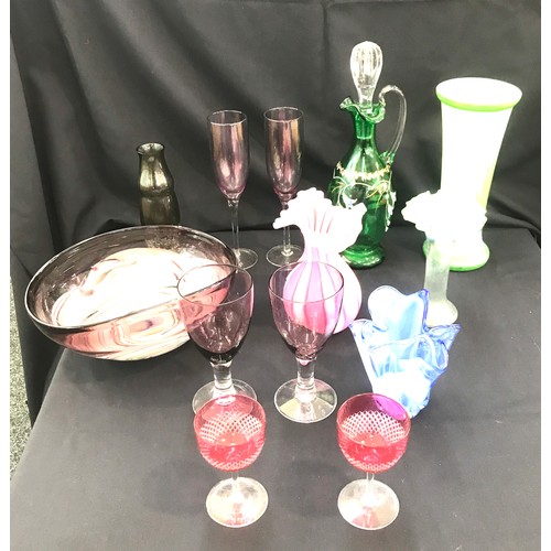 270 - Selection of assorted coloured glass includes decanter, vases etc