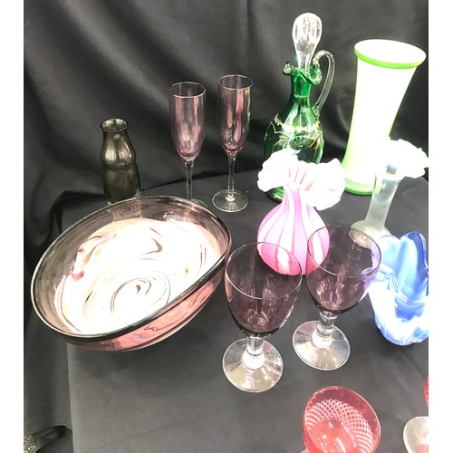 270 - Selection of assorted coloured glass includes decanter, vases etc