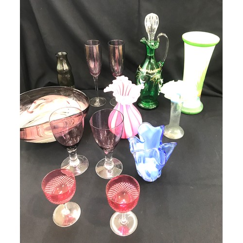 270 - Selection of assorted coloured glass includes decanter, vases etc