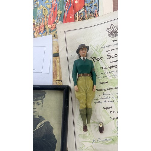 168 - Selection of vintage Scouting memorabilia, a figure in need of repair and scout belt