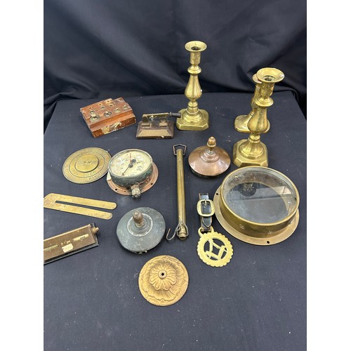 233 - Selection of brass and copper ware to include candle sticks, pressure gauges etc