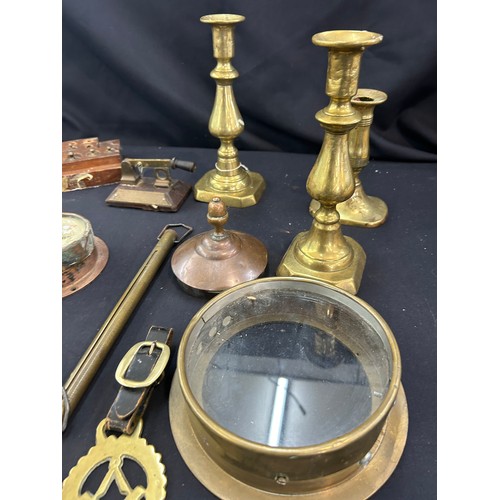 233 - Selection of brass and copper ware to include candle sticks, pressure gauges etc