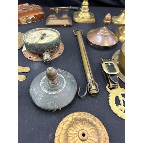 233 - Selection of brass and copper ware to include candle sticks, pressure gauges etc