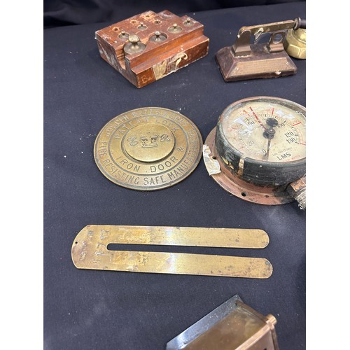 233 - Selection of brass and copper ware to include candle sticks, pressure gauges etc