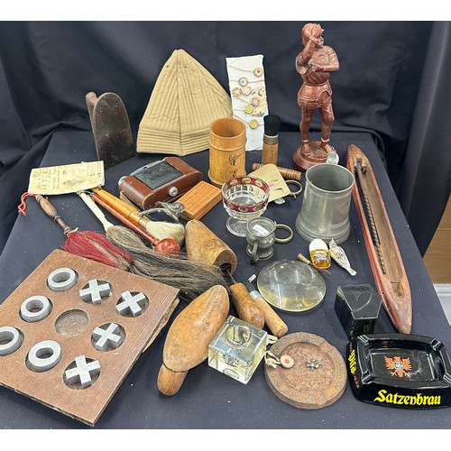 276 - Large selection of miscellaneous to include Spelter, figure, vintage camera, wooden shoe horns, pewt... 