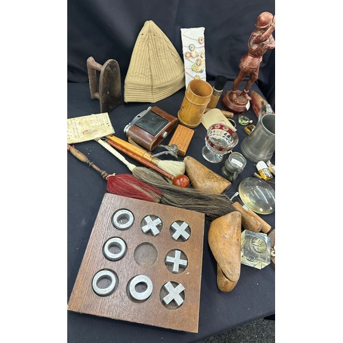 276 - Large selection of miscellaneous to include Spelter, figure, vintage camera, wooden shoe horns, pewt... 