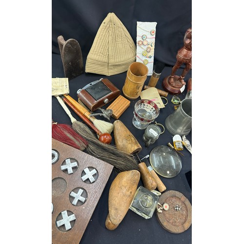 276 - Large selection of miscellaneous to include Spelter, figure, vintage camera, wooden shoe horns, pewt... 