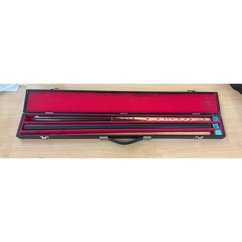 251 - Cased 3 piece pool cue with a light weight attachment