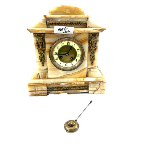 118 - Marble Antique 2 key hole mantle clock with pendulum and key, approximate measurements: Height 12.5 ... 