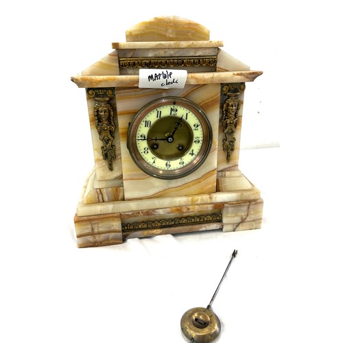 118 - Marble Antique 2 key hole mantle clock with pendulum and key, approximate measurements: Height 12.5 ... 