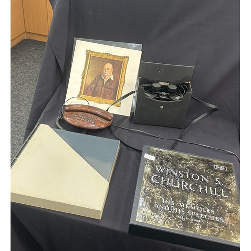 164 - Selection of vintage collectable items to include Churchill records, a phone and binoculars