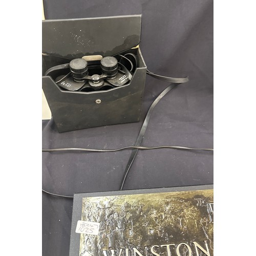 164 - Selection of vintage collectable items to include Churchill records, a phone and binoculars