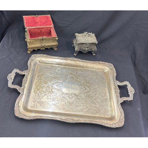 547 - Two silver plated caskets and a silver plated tray - overall length of tray approx 24 inches