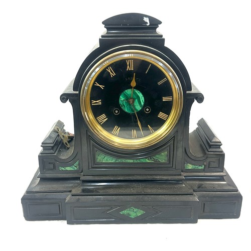 81 - Vintage Ennety two key hole slate mantel clock with key approx measurements 16 inches wide and 15 in... 