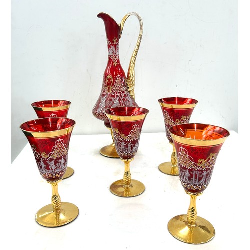 84 - Venetian enamelled  glass decanter and five glasses