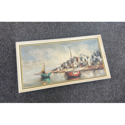 257 - Large oil painting harbour scene by L.Merlin overall measures 23 inches tall by 43 wide