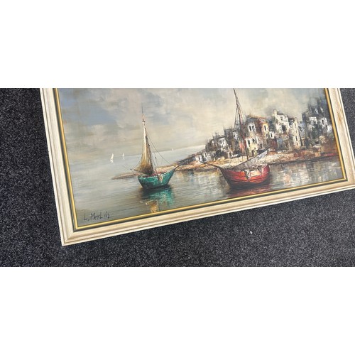 257 - Large oil painting harbour scene by L.Merlin overall measures 23 inches tall by 43 wide