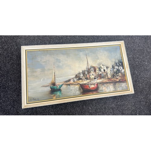 257 - Large oil painting harbour scene by L.Merlin overall measures 23 inches tall by 43 wide