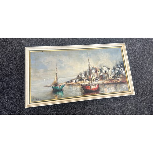 257 - Large oil painting harbour scene by L.Merlin overall measures 23 inches tall by 43 wide