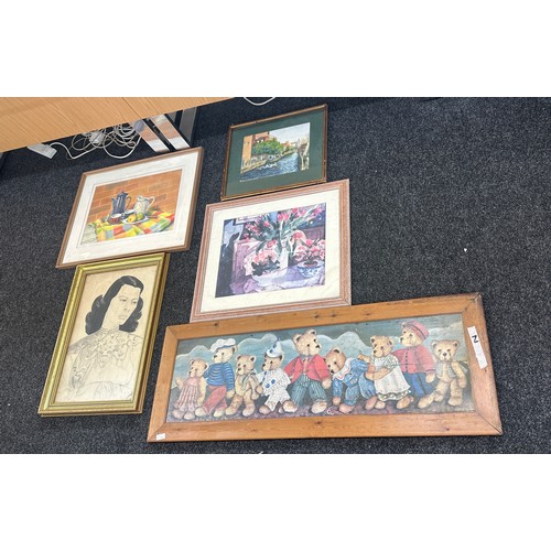 255 - Quantity of five framed pictures largest measures approx 49 inches wide by 18 tall