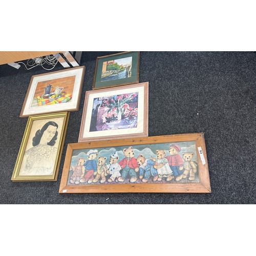 255 - Quantity of five framed pictures largest measures approx 49 inches wide by 18 tall