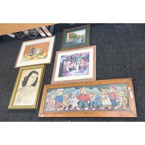 255 - Quantity of five framed pictures largest measures approx 49 inches wide by 18 tall