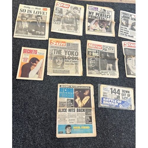 62 - Selection of vintage news paper Lady Diana and John Lennon and pop memorabilia