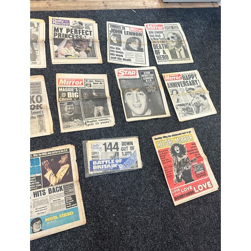 62 - Selection of vintage news paper Lady Diana and John Lennon and pop memorabilia