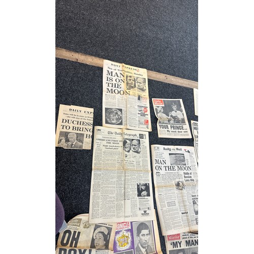 240 - Vintage original newspapers on ' Man on the Moon' , ' Coronation' 1969 daily mirror etc