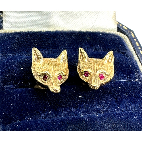 95 - Vintage 9ct gold ruby eye fox head earrings weight 5g