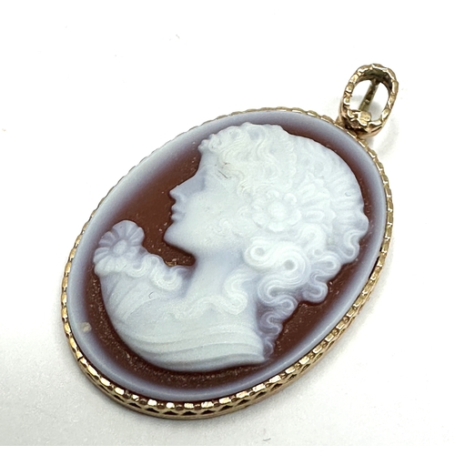 121 - 9ct gold framed hard stone cameo pendant measures approx 4cm drop by 2.3cm wide weight 5.5g