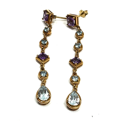 123 - 9ct gold long drop amethyst & topaz earring measure approx 5cm drop weight 3.20g