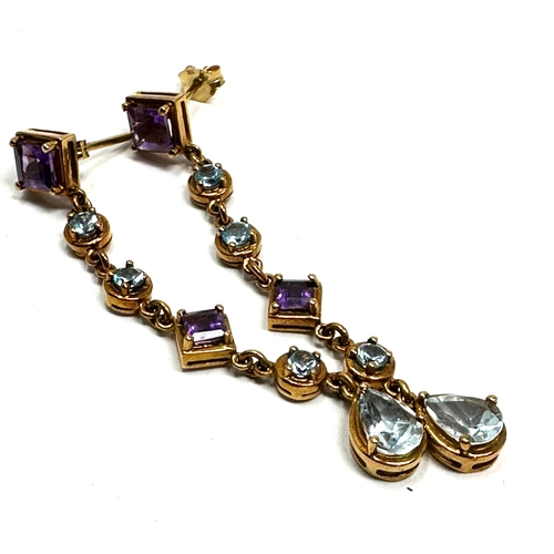 123 - 9ct gold long drop amethyst & topaz earring measure approx 5cm drop weight 3.20g