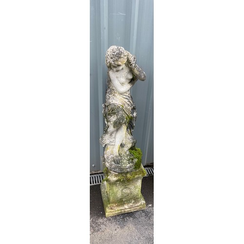 101K - Concrete lady on stand concrete garden statue height approximately 48 inches tall