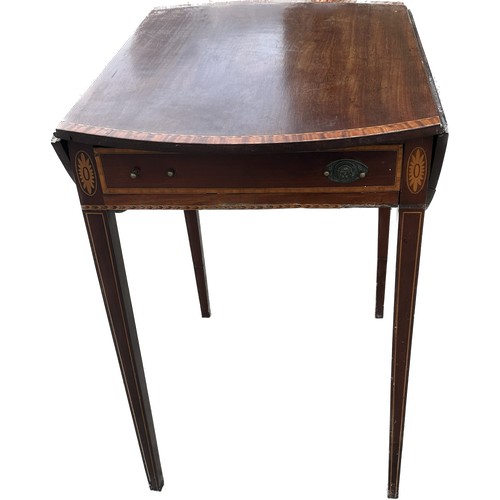 404 - Mahogany inlaid drop leaf table with drawer measures approx with leaf down 29 inches tall by 20 wide... 