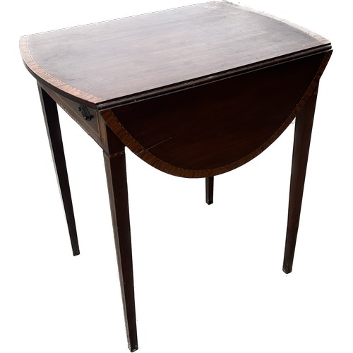 404 - Mahogany inlaid drop leaf table with drawer measures approx with leaf down 29 inches tall by 20 wide... 