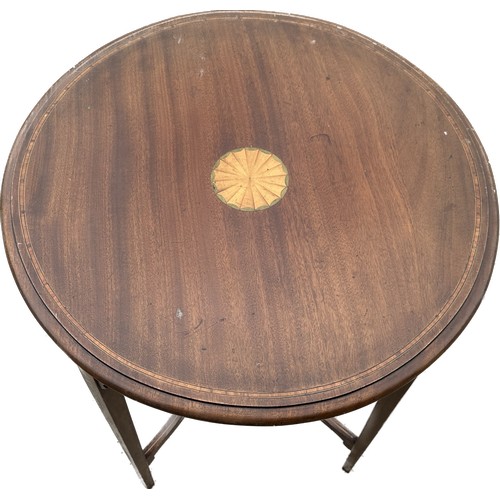 406 - Mahogany inlaid centre table measures 29 inches tall by 25 diameter