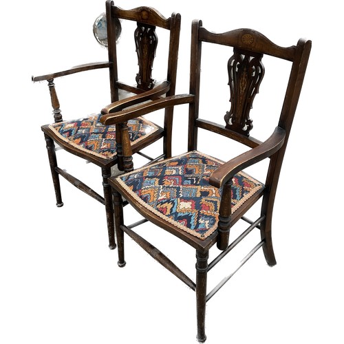 432 - Pair of mahogany antique inlaid carver chairs