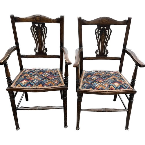 432 - Pair of mahogany antique inlaid carver chairs