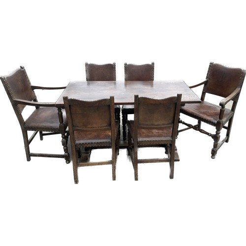 412 - Oak antique refectory table and 6 leather and oak chairs table measures approx 30 inches tall, 54 wi... 