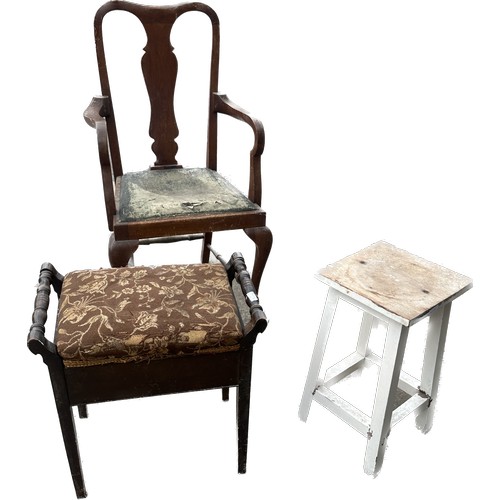 416 - Antique piano stool, chair and table