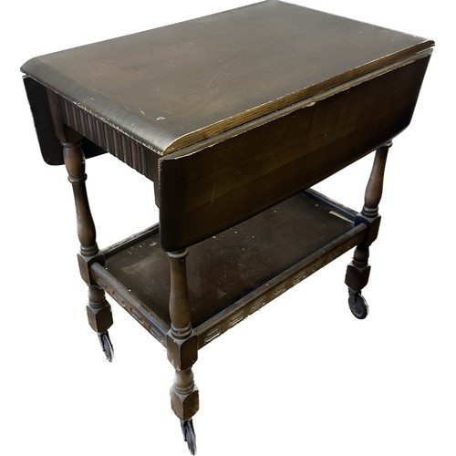 420 - Oak drop leaf tea trolley made by Priory furniture with drawer measures approx 30 inches tall, 28 wi... 