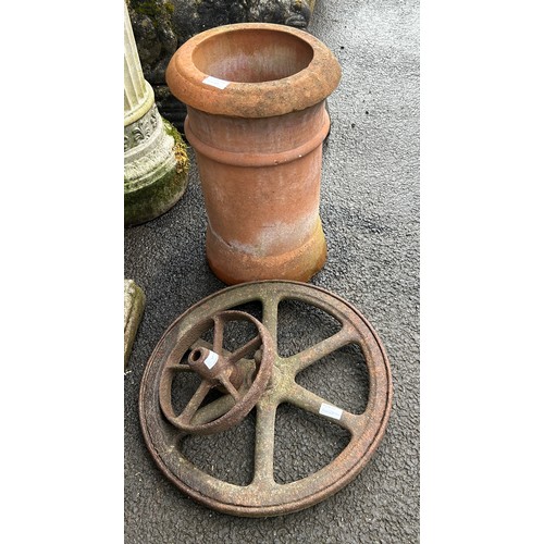 100C - Terracotta chimney pot 11 inches tall and 2 industrial metal wheels